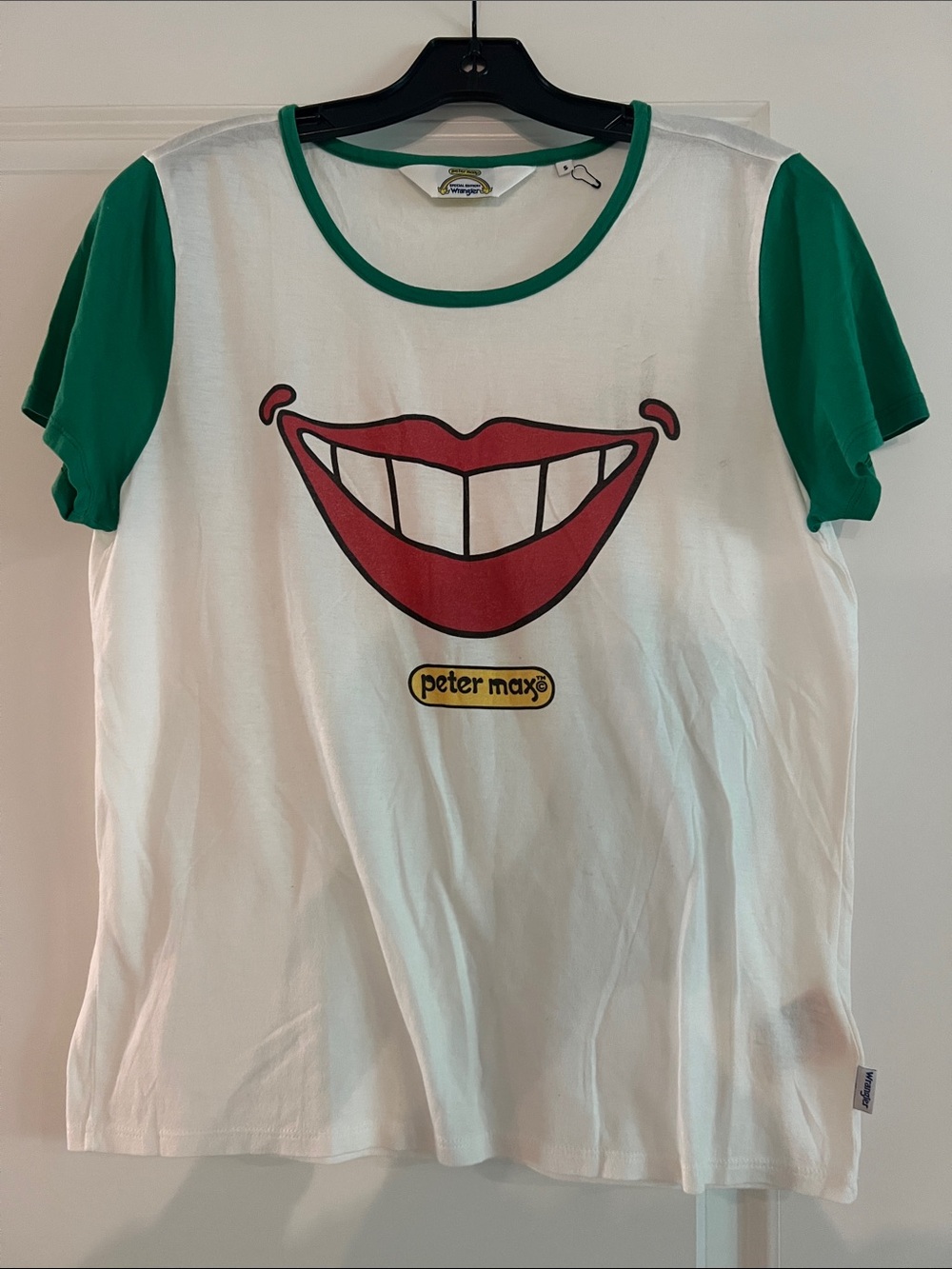 Wrangler x Peter Max Women’s T-Shirt with Green Sleeves and Red Smile